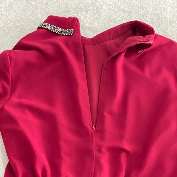 Cabernet Red Pleated Mini Dress Embellished Collar Size 8 - Picture 10 of 15